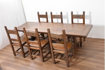 中古　美品　高級!　イタリア職人手作り品　TARPAC社(タルパック)　PTイニシャル　栗材　背板に彫刻意匠を施したダイニングチェア6脚セット　定価(6脚合計)約113万円　(R-086227)