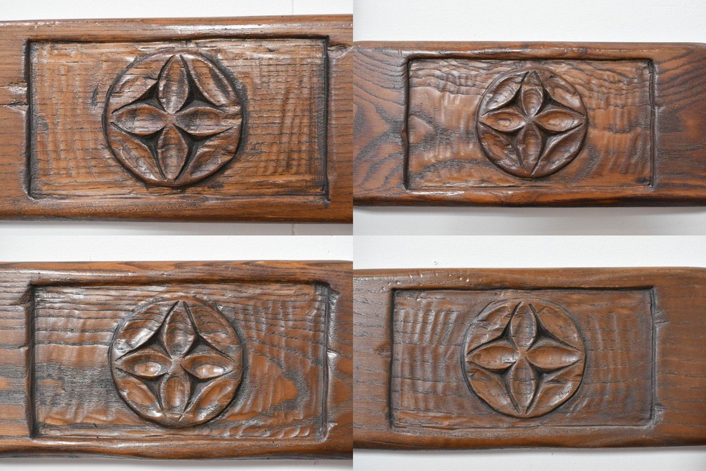 中古　美品　高級!　イタリア職人手作り品　TARPAC社(タルパック)　PTイニシャル　栗材　背板に彫刻意匠を施したダイニングチェア6脚セット　定価(6脚合計)約113万円　(R-086227)