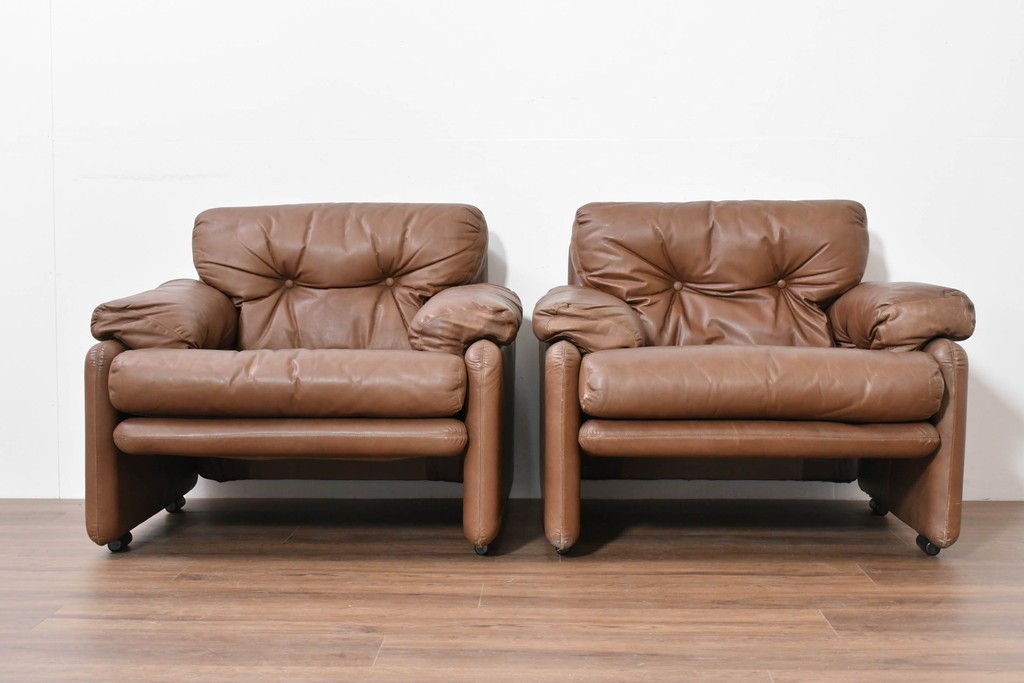 イタリアヴィンテージ　B&B イタリア(Italia)　coronado(コロナド)　レザー　希少なヴィンテージ品の1人掛けソファ2脚セット　定価(2脚合計)約150万円　(R-086234)