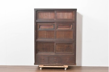 和製アンティーク　明治期　激レアデザイン　黒柿材の自然な模様がアクセントの水屋箪笥　(R-086238)