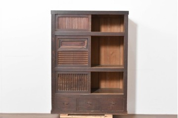 和製アンティーク　明治期　激レアデザイン　黒柿材の自然な模様がアクセントの水屋箪笥　(R-086238)