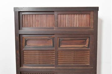 和製アンティーク　明治期　激レアデザイン　黒柿材の自然な模様がアクセントの水屋箪笥　(R-086238)