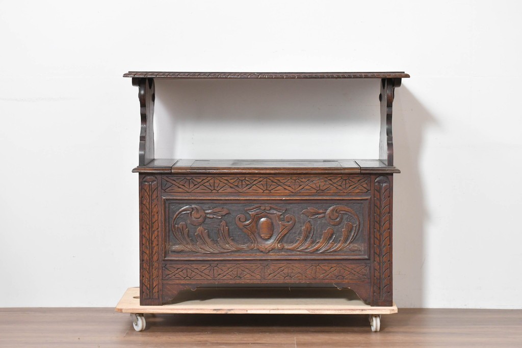 イギリスアンティーク　オーク材　ベンチ・収納・テーブルの多機能デザインが魅力のモンクスベンチ　(R-086245)