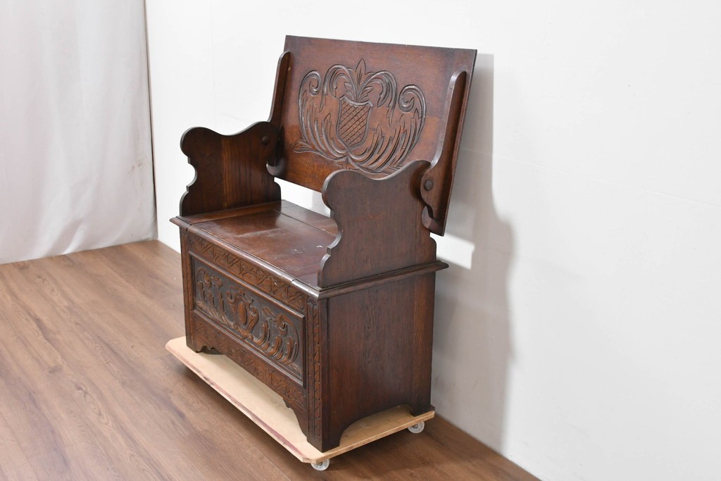 イギリスアンティーク　オーク材　ベンチ・収納・テーブルの多機能デザインが魅力のモンクスベンチ　(R-086245)