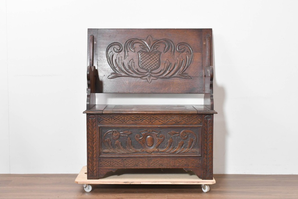 イギリスアンティーク　オーク材　ベンチ・収納・テーブルの多機能デザインが魅力のモンクスベンチ　(R-086245)