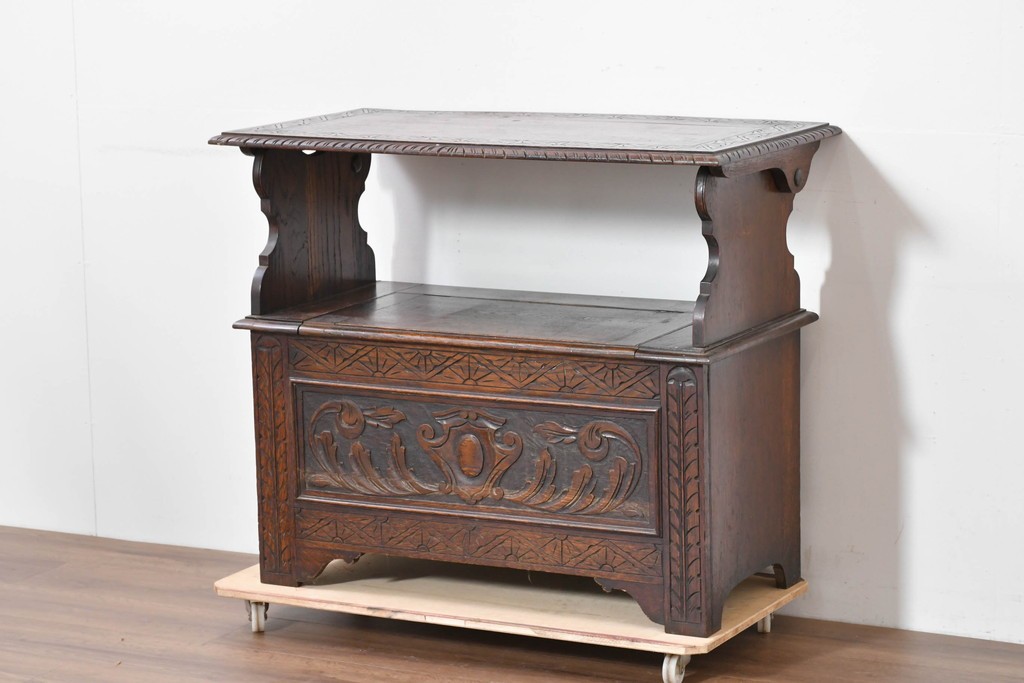 イギリスアンティーク　オーク材　ベンチ・収納・テーブルの多機能デザインが魅力のモンクスベンチ　(R-086245)