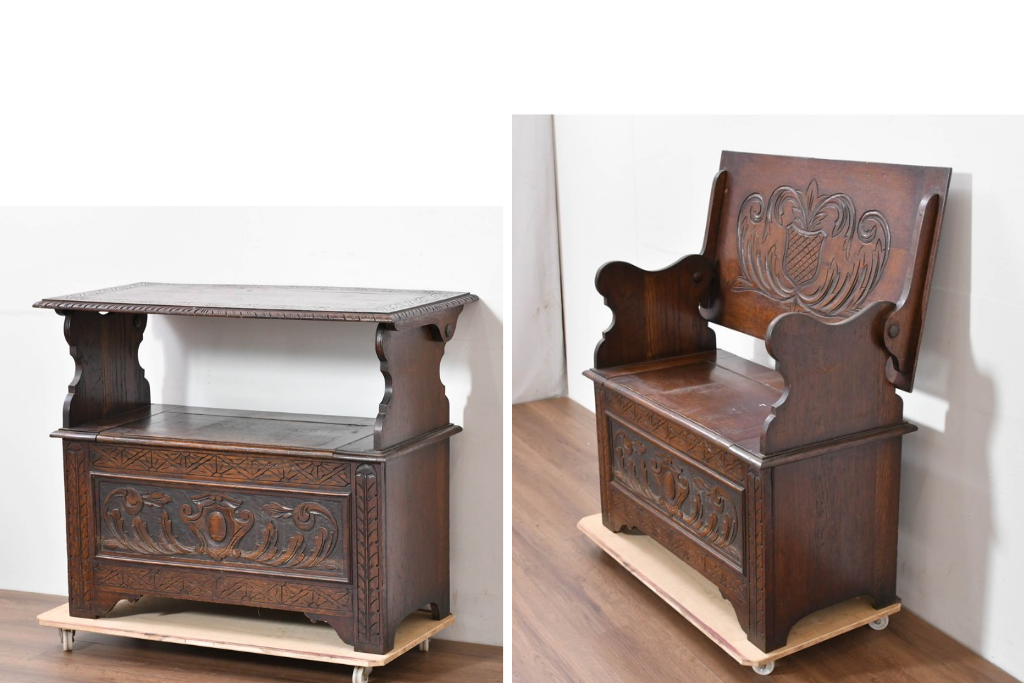 イギリスアンティーク　オーク材　ベンチ・収納・テーブルの多機能デザインが魅力のモンクスベンチ　(R-086245)