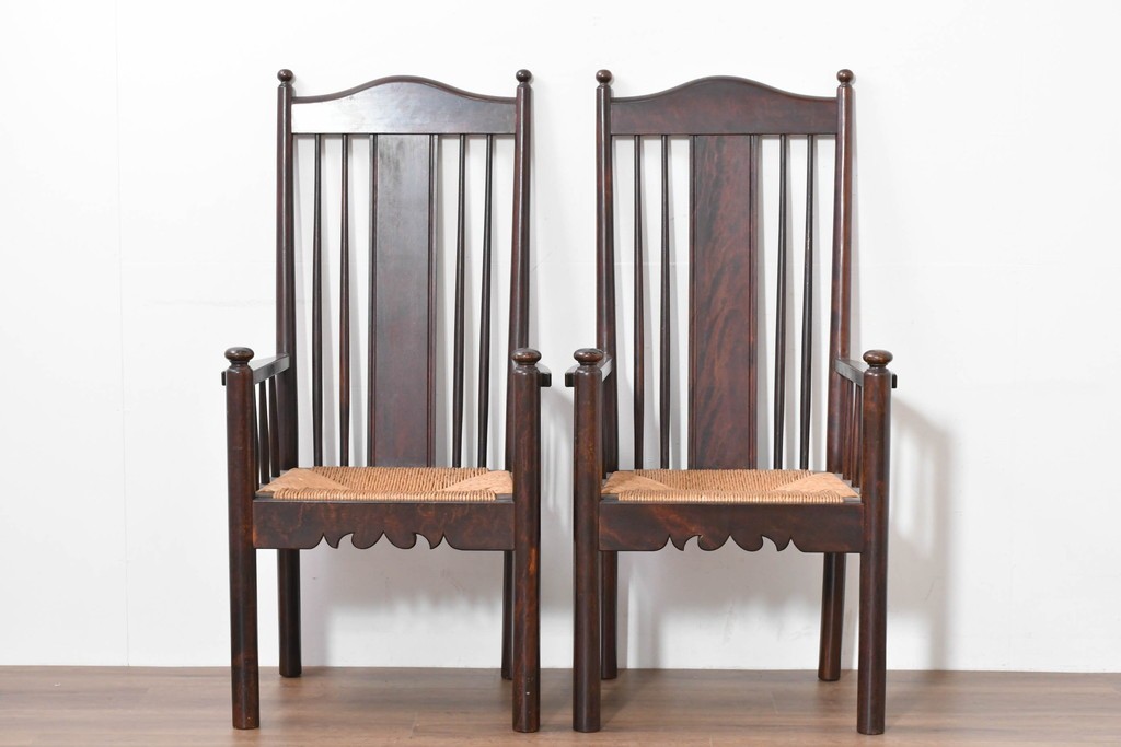 中古　希少モデル　松本民芸家具　ハイバックデザインのHB型ラッシアームチェア2脚セット　定価(2脚合計)約44万6千円　(R-086252)