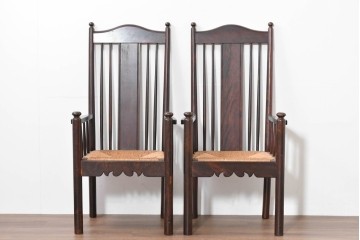 中古　希少モデル　松本民芸家具　ハイバックデザインのHB型ラッシアームチェア2脚セット　定価(2脚合計)約44万6千円　(R-086252)