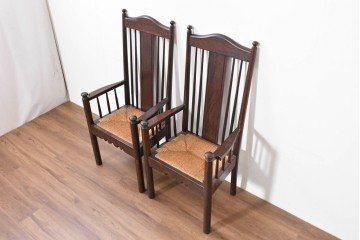 中古　希少モデル　松本民芸家具　ハイバックデザインのHB型ラッシアームチェア2脚セット　定価(2脚合計)約44万6千円　(R-086252)