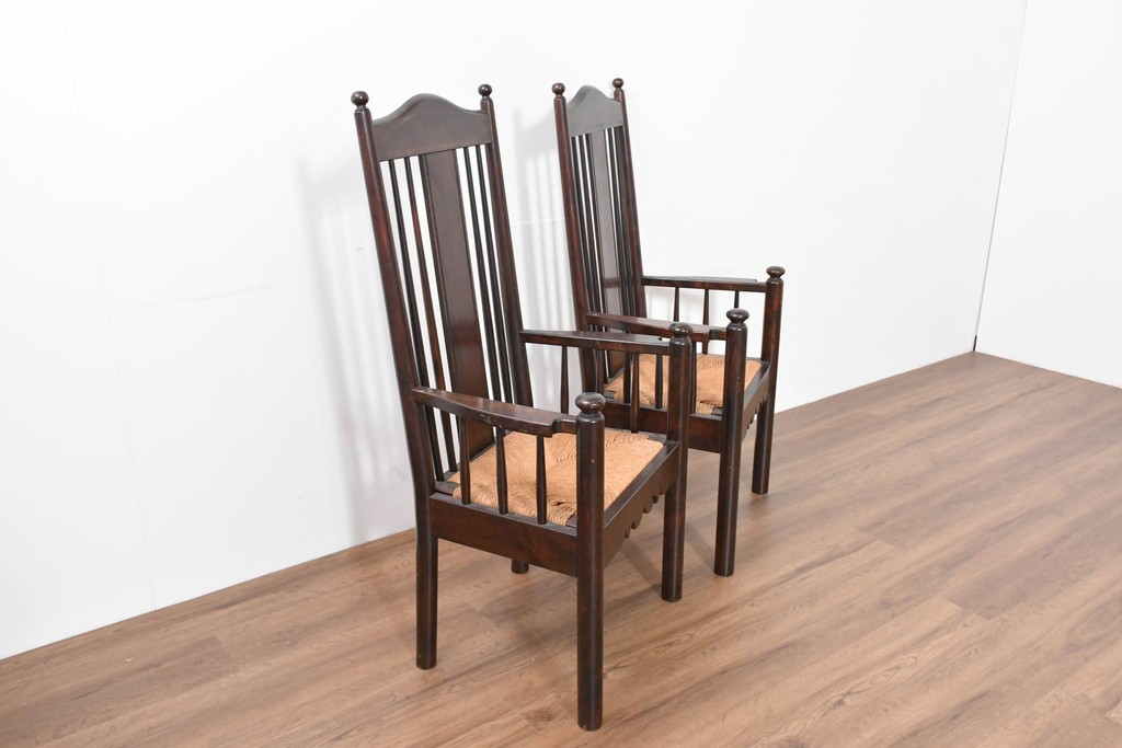 中古　希少モデル　松本民芸家具　ハイバックデザインのHB型ラッシアームチェア2脚セット　定価(2脚合計)約44万6千円　(R-086252)