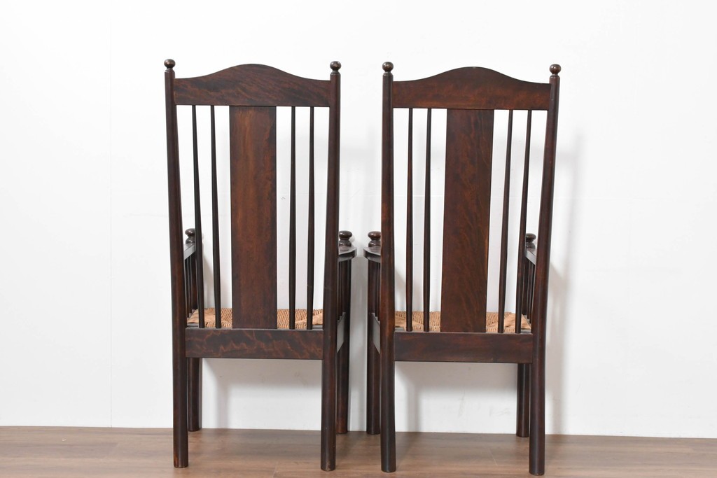 中古　希少モデル　松本民芸家具　ハイバックデザインのHB型ラッシアームチェア2脚セット　定価(2脚合計)約44万6千円　(R-086252)