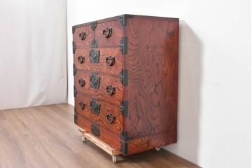 中古　岩谷堂箪笥　漆塗り　波打つ木目が美しい三尺整理箪笥　(R-086279)