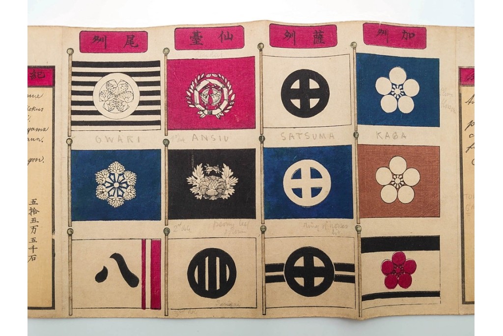 時代物　「日本諸侯之旗印」　大名家の旗印や家紋をまとめた木版画巻物　(R-086303)