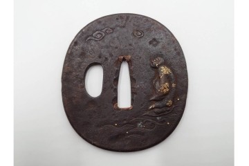 時代武具　竪丸形・丸形・木瓜形　蜻蛉や七福神、魚子地に鶴と亀などの鍔5点セット　(R-086304)