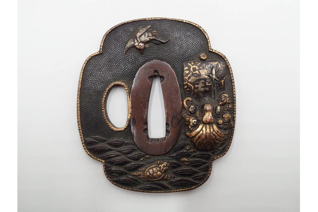 時代武具　竪丸形・丸形・木瓜形　蜻蛉や七福神、魚子地に鶴と亀などの鍔5点セット　(R-086304)