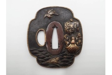 時代武具　竪丸形・丸形・木瓜形　蜻蛉や七福神、魚子地に鶴と亀などの鍔5点セット　(R-086304)