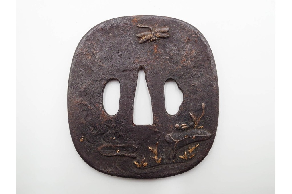 時代武具　竪丸形・丸形・木瓜形　蜻蛉や七福神、魚子地に鶴と亀などの鍔5点セット　(R-086304)