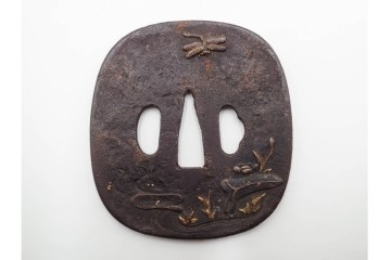 時代武具　竪丸形・丸形・木瓜形　蜻蛉や七福神、魚子地に鶴と亀などの鍔5点セット　(R-086304)