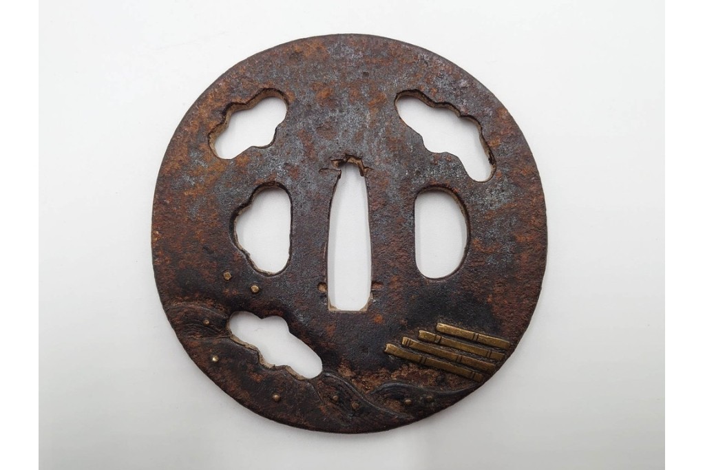 時代武具　竪丸形・丸形・木瓜形　蜻蛉や七福神、魚子地に鶴と亀などの鍔5点セット　(R-086304)