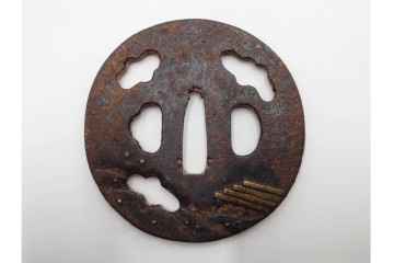 時代武具　竪丸形・丸形・木瓜形　蜻蛉や七福神、魚子地に鶴と亀などの鍔5点セット　(R-086304)