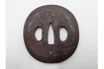 時代武具　竪丸形・丸形・木瓜形　蜻蛉や七福神、魚子地に鶴と亀などの鍔5点セット　(R-086304)