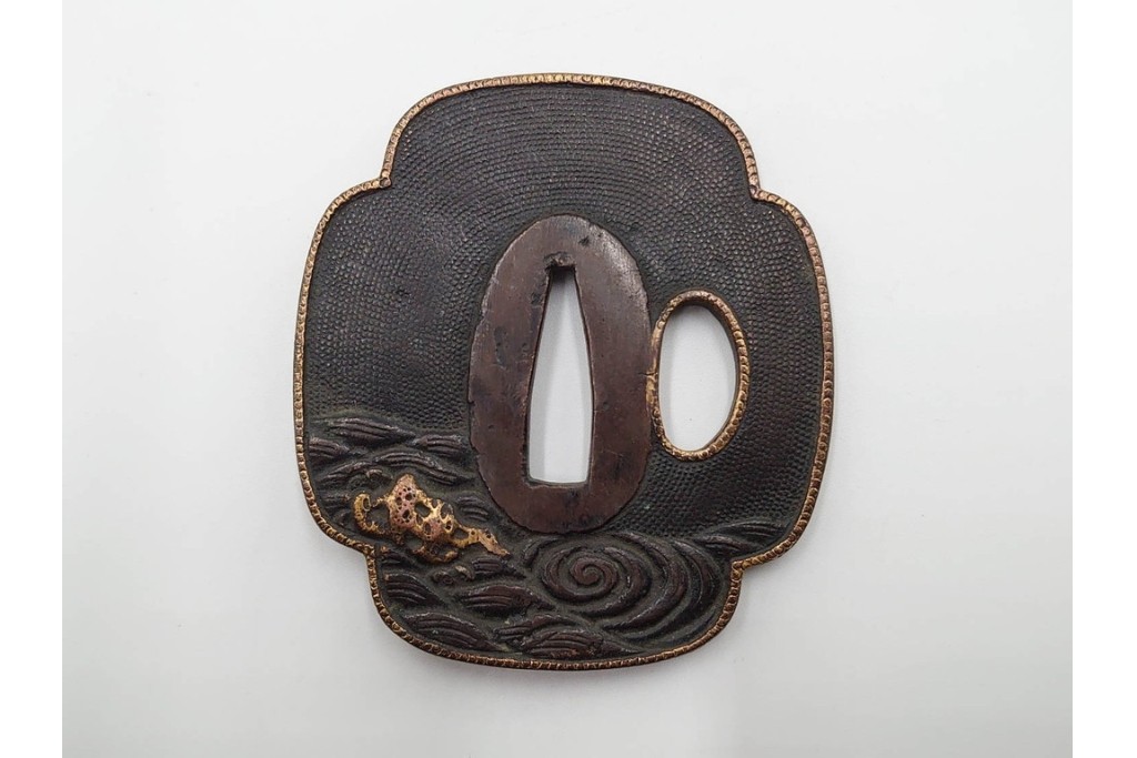 時代武具　竪丸形・丸形・木瓜形　蜻蛉や七福神、魚子地に鶴と亀などの鍔5点セット　(R-086304)