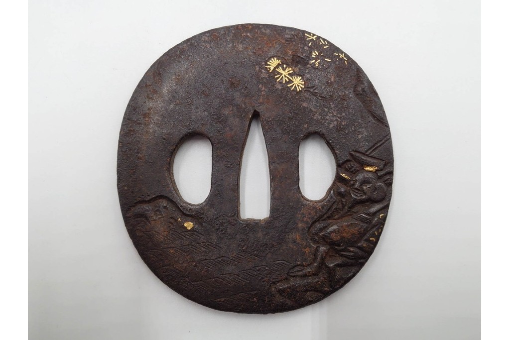 時代武具　竪丸形・丸形・木瓜形　蜻蛉や七福神、魚子地に鶴と亀などの鍔5点セット　(R-086304)