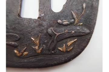 時代武具　竪丸形・丸形・木瓜形　蜻蛉や七福神、魚子地に鶴と亀などの鍔5点セット　(R-086304)