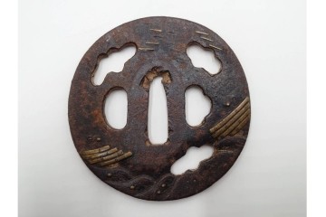 時代武具　竪丸形・丸形・木瓜形　蜻蛉や七福神、魚子地に鶴と亀などの鍔5点セット　(R-086304)