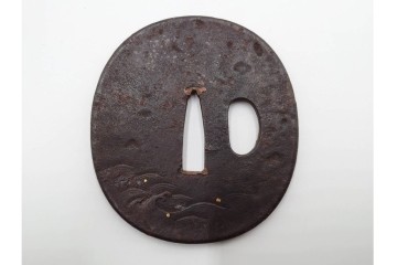 時代武具　竪丸形・丸形・木瓜形　蜻蛉や七福神、魚子地に鶴と亀などの鍔5点セット　(R-086304)