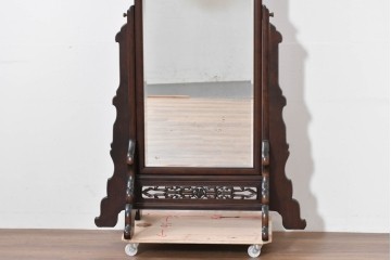 和製ヴィンテージ　上質な逸品!!　オリエンタルデザイン　丁寧に彫り込まれた透かし彫りの姿見　(R-086331)