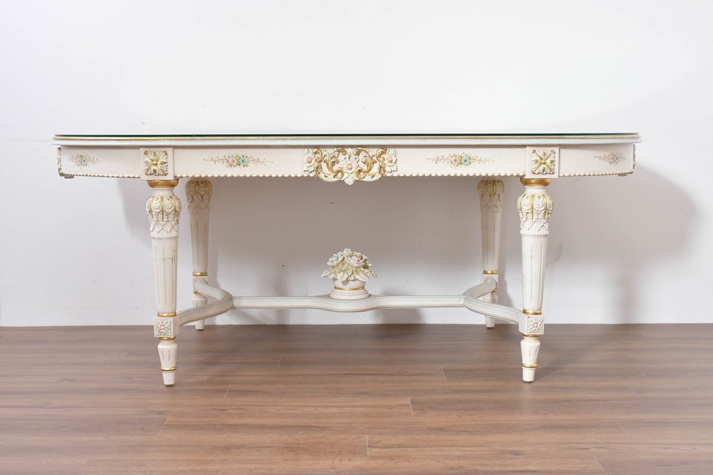 中古　イタリア高級家具　Mario Colciago&Figli(マリオ・コルチャゴ)　ロココ調の優雅な彫刻と絵付けが美しいダイニングテーブル　定価約180万円　(R-086345)