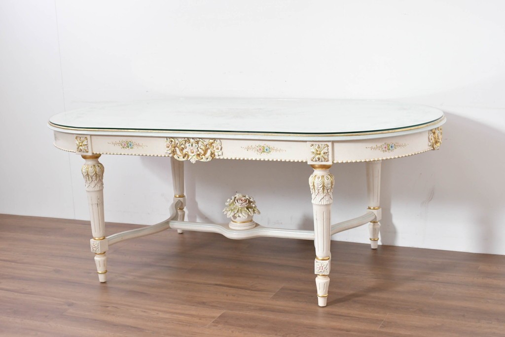 中古　イタリア高級家具　Mario Colciago&Figli(マリオ・コルチャゴ)　ロココ調の優雅な彫刻と絵付けが美しいダイニングテーブル　定価約180万円　(R-086345)
