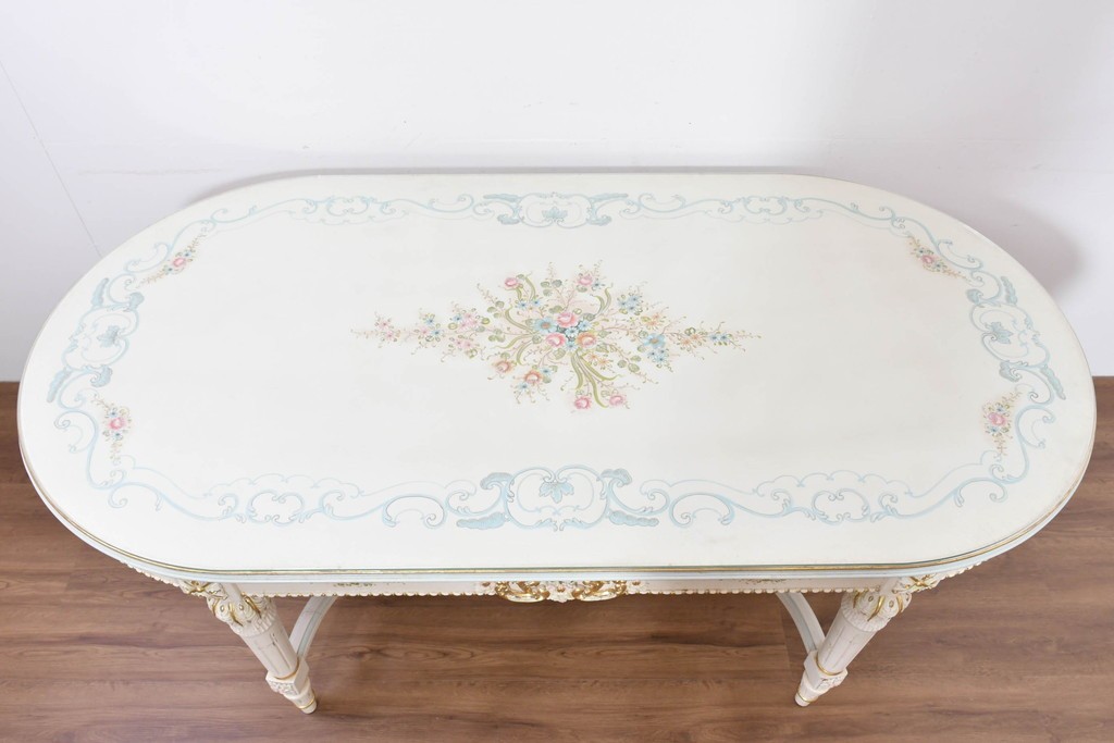 中古　イタリア高級家具　Mario Colciago&Figli(マリオ・コルチャゴ)　ロココ調の優雅な彫刻と絵付けが美しいダイニングテーブル　定価約180万円　(R-086345)