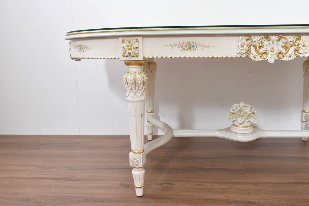 中古　イタリア高級家具　Mario Colciago&Figli(マリオ・コルチャゴ)　ロココ調の優雅な彫刻と絵付けが美しいダイニングテーブル　定価約180万円　(R-086345)