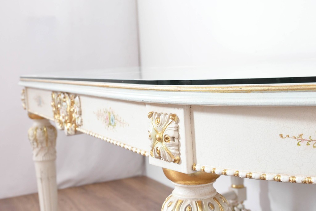 中古　イタリア高級家具　Mario Colciago&Figli(マリオ・コルチャゴ)　ロココ調の優雅な彫刻と絵付けが美しいダイニングテーブル　定価約180万円　(R-086345)