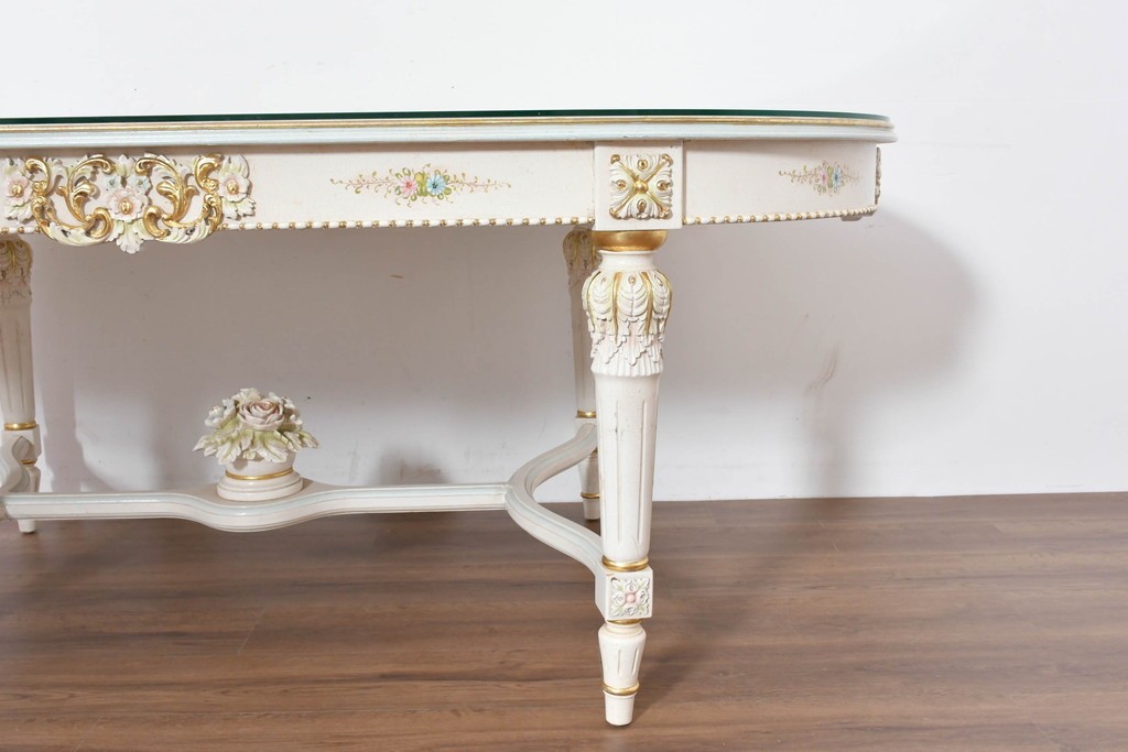 中古　イタリア高級家具　Mario Colciago&Figli(マリオ・コルチャゴ)　ロココ調の優雅な彫刻と絵付けが美しいダイニングテーブル　定価約180万円　(R-086345)