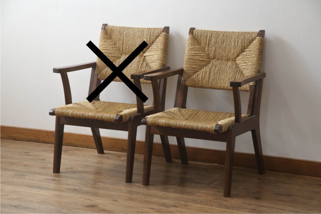 中古　美品　松本民芸家具　#521L型　直線的な木部と丁寧な編み込みが調和したラッシアームチェア　定価約19万3千円　(R-086347)