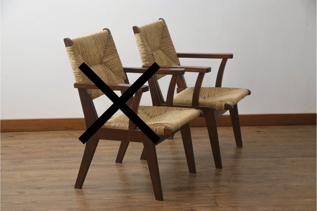 中古　美品　松本民芸家具　#521L型　直線的な木部と丁寧な編み込みが調和したラッシアームチェア　定価約19万3千円　(R-086347)