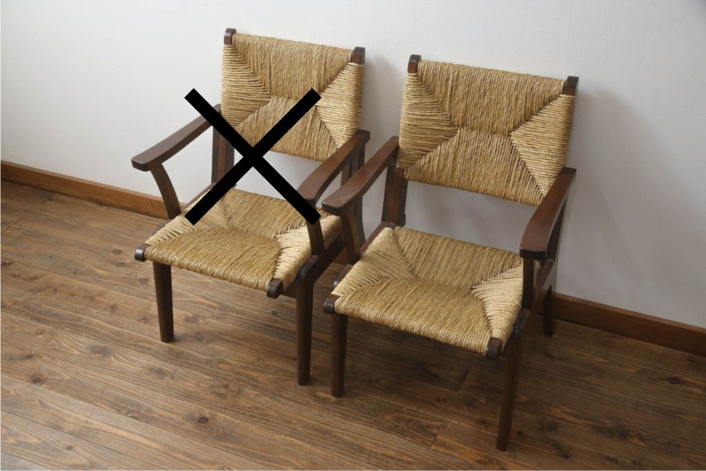 中古　美品　松本民芸家具　#521L型　直線的な木部と丁寧な編み込みが調和したラッシアームチェア　定価約19万3千円　(R-086347)