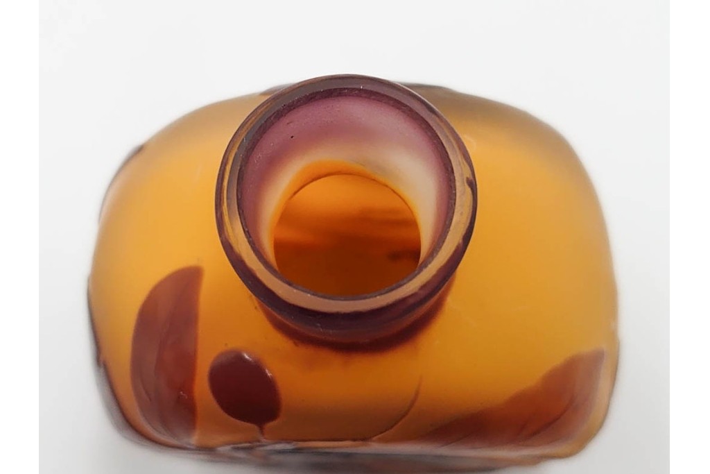 フランス　エミール・ガレ　琥珀色にサンザシ文が上品に映える香水瓶　外箱・ケース付き　(R-086349)