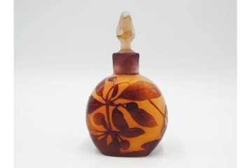 フランス　エミール・ガレ　琥珀色にサンザシ文が上品に映える香水瓶　外箱・ケース付き　(R-086349)