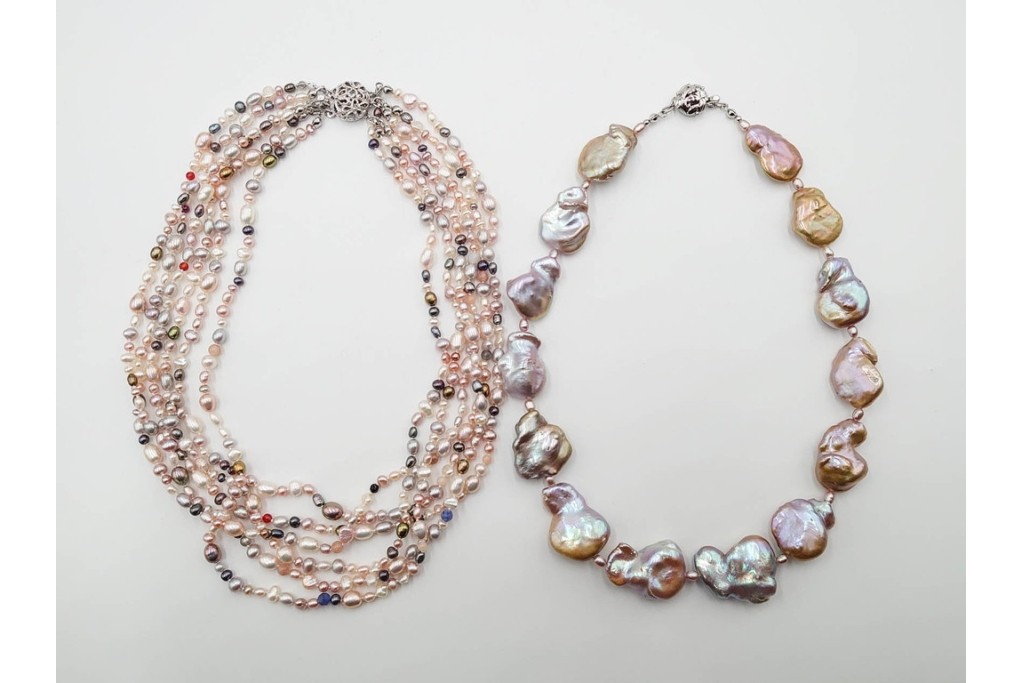 淡水真珠　SILVER(銀製)　華やかなバロックパールのネックレス1連・6連 2点セット　ケース付き　(R-086353)