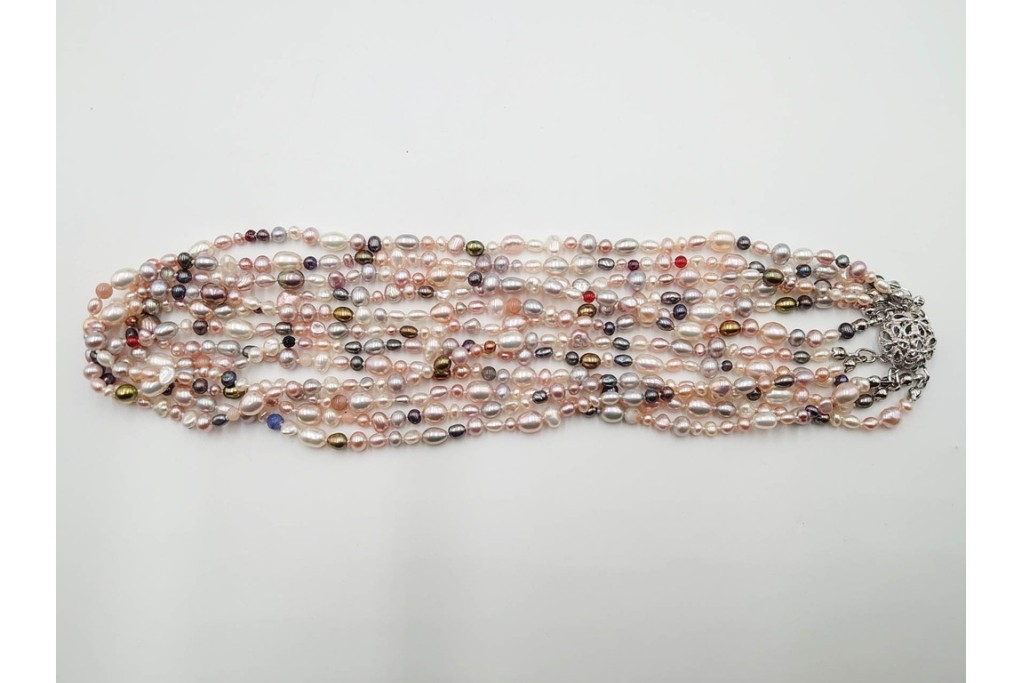 淡水真珠　SILVER(銀製)　華やかなバロックパールのネックレス1連・6連 2点セット　ケース付き　(R-086353)