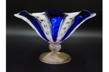 イタリア　ムラノガラス(ムラーノガラス)　ヴェネチアンガラス　高さ約12cm　金彩とフリルデザインが優雅なコンポート　(R-086354)