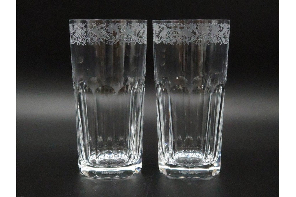 フランス　Baccarat(バカラ)　キリンコレクターズグラス　縁の装飾が上品なハイボールグラス2客セット　外箱付き　(R-086360)