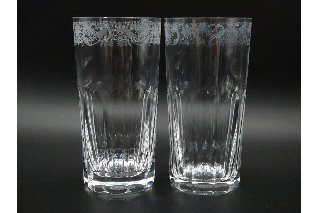 フランス　Baccarat(バカラ)　キリンコレクターズグラス　縁の装飾が上品なハイボールグラス2客セット　外箱付き　(R-086361)
