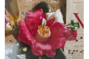 真作　青木敏郎　「椿と楽譜」　油彩画　SM(S)サイズ　定価約189万円　外箱付き　(R-086372)