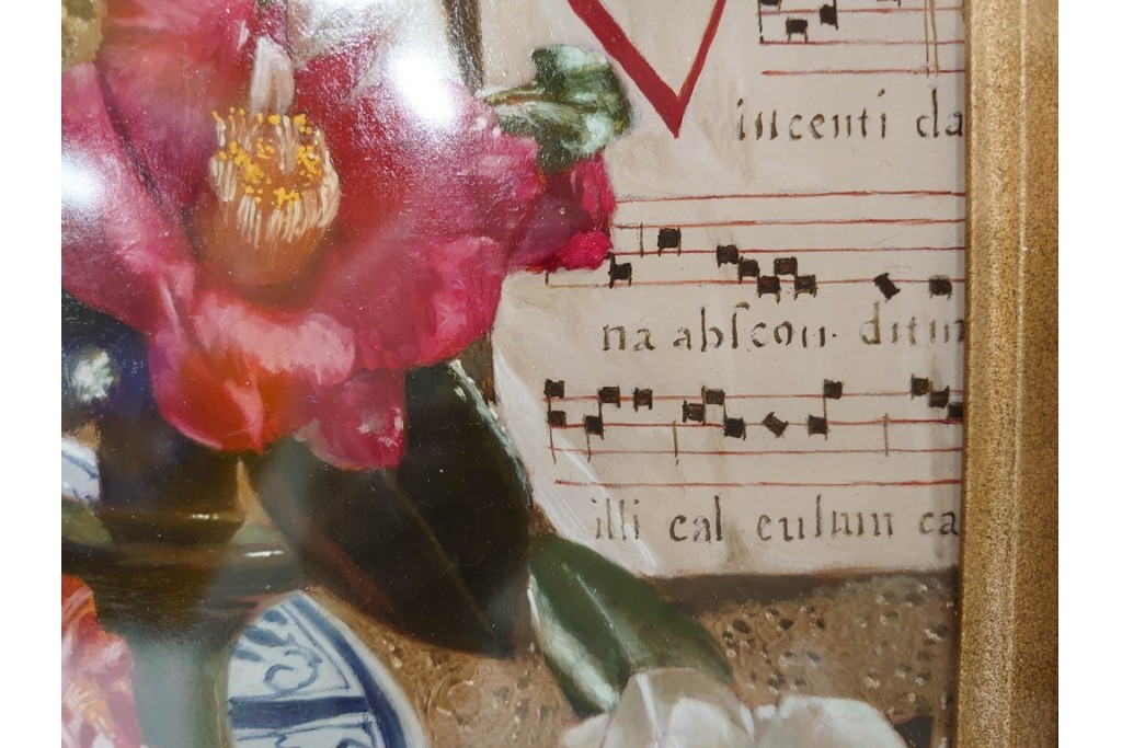 真作　青木敏郎　「椿と楽譜」　油彩画　SM(S)サイズ　定価約189万円　外箱付き　(R-086372)